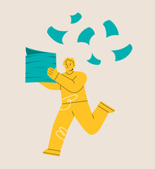 Unhappy woman holding a big pile of documents. Stress concept. Colorful vector illustration