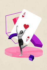 Pop image sketch 3d collage of happy girl guy stand ace cards combination casino game addition...