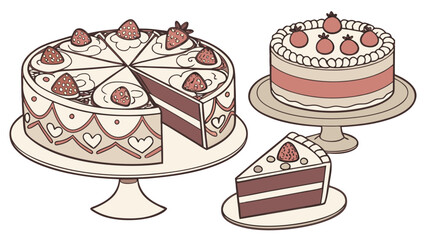 Delicious chocolate cakes adorned with fresh strawberries and delicate frosting served on cake stands