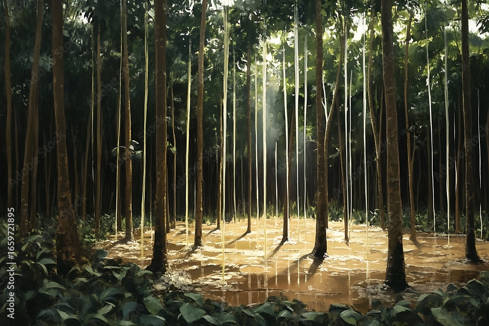 Poster a plantation of lush rubber trees, their trunks tapped and lines of latex dripping down in neat rows