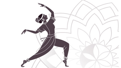 Elegant indian dancer in traditional costume performs a graceful pose against a stylized mandala background