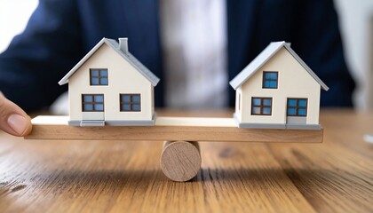 Real estate concept represented by a balanced scale with two model houses on it. This scene symbolizes the balance and comparison in the property market.