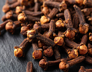 Fototapeta premium Dried cloves scattered on dark slate background, aromatic spice photography, macro detail texture