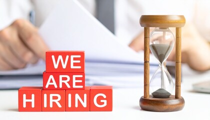 We are Hiring words on a block next to an hourglass, symbolizing time-sensitive hiring and recruitment
