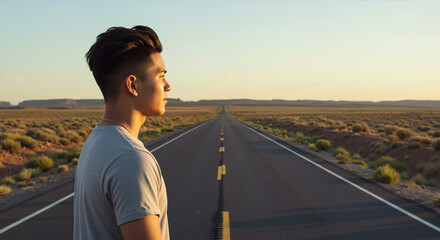 Man in casual t-shirt standing on desert highway looking into distance. Men's grooming and adventure styling services for road trip and travel lifestyle campaigns