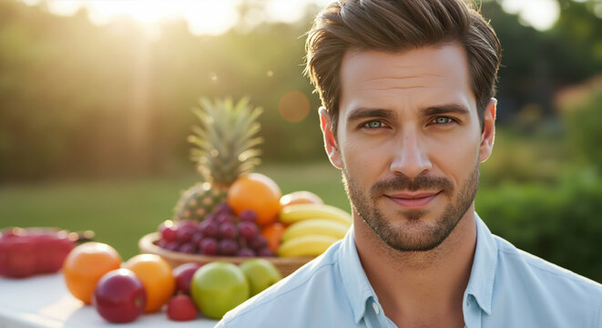 Man in light blue shirt with beard standing by fruit display with tropical background. Healthy lifestyle and male grooming for nutrition and barbershop services - Powered by Adobe