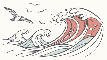 Stylized illustration of a large crashing wave with smaller waves a soaring seagull and a school of fish swimming