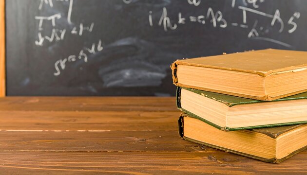 Books stacked on a wooden table in front of a chalkboard covered in equations - Powered by Adobe