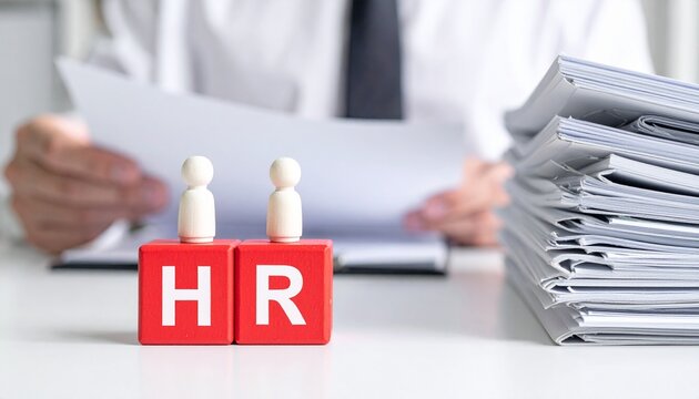 Human Resources (HR) concept with wooden figures and documents on desk. A visual representation of HR functions