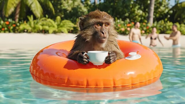 A funny monkey relaxes in an inflatable ring in a swimming pool while drinking a cup of coffee on a luxurious and surreal tropical vacation

