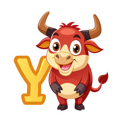 Playful Bull Character with Big Alphabet Y Illustration, Fun Animal Cartoon for Kids, Educational Children Book Learning Design