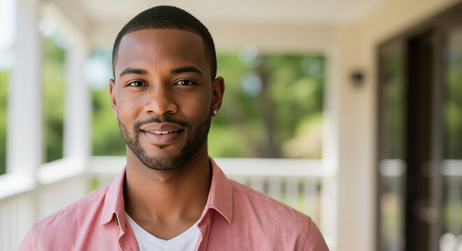 Smiling African American man in pink shirt standing on porch with natural lighting. Professional portrait for business profile and personal branding