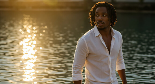 Man with dreadlocks in white shirt by sunset water reflection. Evening outdoor portrait for hair styling products, barbershop advertising, men wellness services