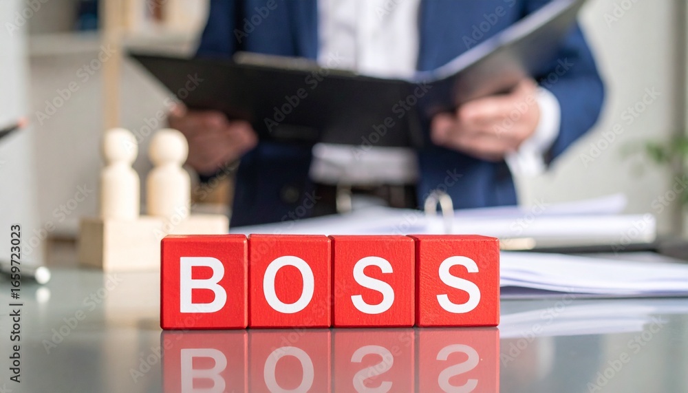 Poster the word boss displayed on red blocks with a person in the background holding a file. the photo illu