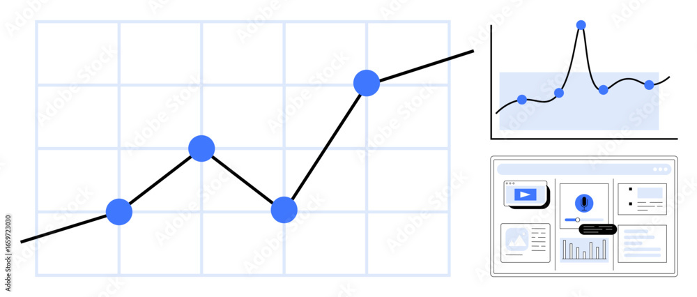 Poster line graph with upward trend, blue markers, and additional graphs and dashboards. ideal for data ana