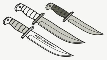 Three distinct combat knives with gray blades and patterned handles arranged diagonally on a white background