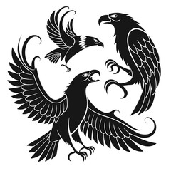 Three stylized black eagles in dynamic poses with spread wings and sharp talons on a white background