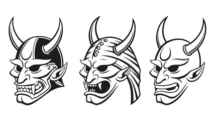 Three stylized japanese oni demon masks with horns and fierce expressions in black and white