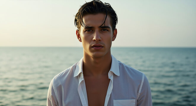 Man with dark hair in white shirt by ocean during golden sunset hour. Coastal lifestyle portrait for barbershop advertising, hair care products, styling services - Powered by Adobe