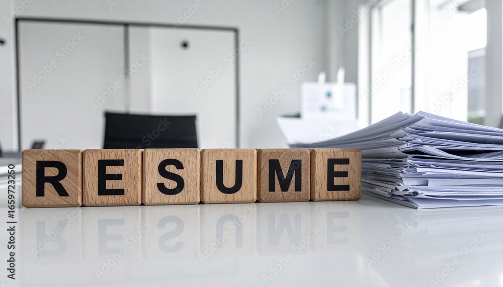 Poster the word resume is spelled out using wooden blocks and placed on a table next to a stack of document