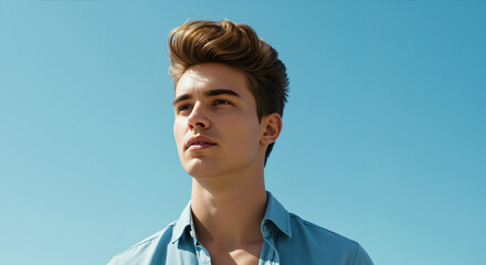 Young man with styled hair looking up against blue sky background. Haircut and grooming concept for barbershop services and male beauty treatments