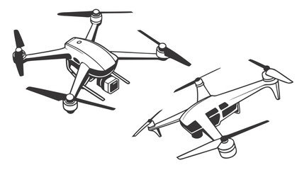 Two modern quadcopter drones with cameras captured in a stylized black and white illustration