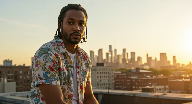 African American man with dreadlocks wearing floral shirt overlooking city skyline during sunset. Contemporary menswear and urban lifestyle for marketing materials