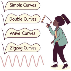 Woman with megaphone announcing different types of curves and waveforms in a simple cartoon style