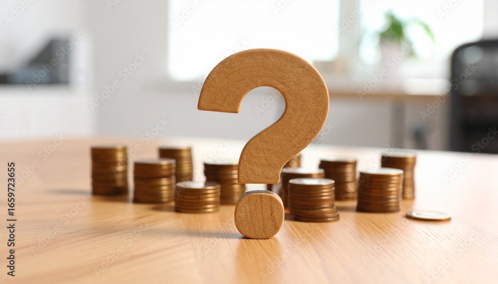 Poster uncertainty concept with coins and question mark. a golden question mark stands in front of stacks o