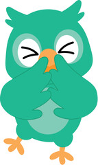 cute  green owl character shy, funny owl cartoon cover face with wing, cheerful owl  cartoon, adorable owl mascot illustration, isolated bird cartoon