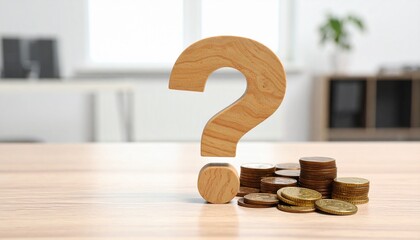 A wooden question mark and a stack of coins on a table, symbolizing financial uncertainty. The scene creates a sense of curiosity and contemplation about money matters