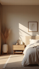 Modern home interior with bedroom, living room, kitchen, and corridor. cozy sofa, bed, chairs, table, sideboard, mirrors, and flowers. Unique color scheme of white, grey, black, purple, blue, green.