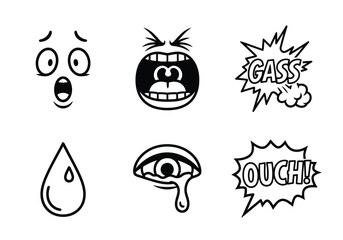 Set of simple black and white comic book style emoticons and speech bubbles.