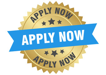 apply now. apply now round blue and gold label isolated on transparent background