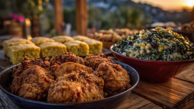 Experience a delightful Southern feast featuring crispy fried chicken, moist cornbread, buttery corn on the cob, and flavorful seasoned greens.