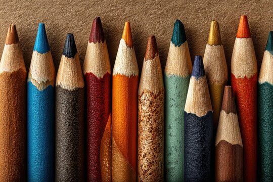 A close up of a row of colored pencils with different colors and wooden texture on a brown background
