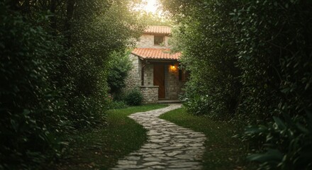 Stone Cottage Path through Lush Green Garden at Sunset
