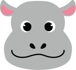 funny cartoon hippo face, cute nursery hippo character , cheerful animal head, isolated child safari face illustration