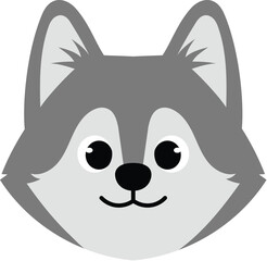 funny cartoon wolf face, cute nursery wolf character , cheerful animal head, isolated child safari face illustration