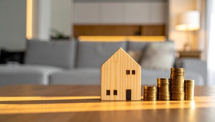 Naklejka premium Wooden house model and stacks of coins on a table, symbolizing property investment and financial growth. This picture shows a wooden house model next to stacks of coins on a table.