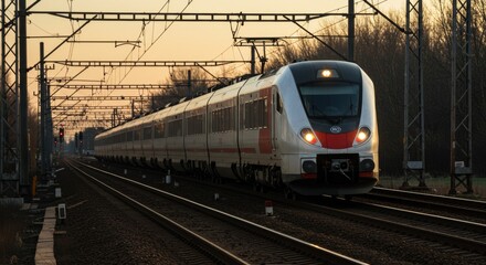 Obraz premium Golden Hour Journey - A Modern Passenger Train Approaching at Sunset.