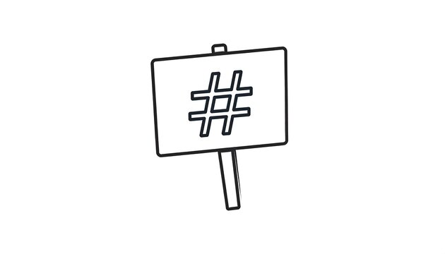 Simple black and white graphic of a protest sign with a hashtag