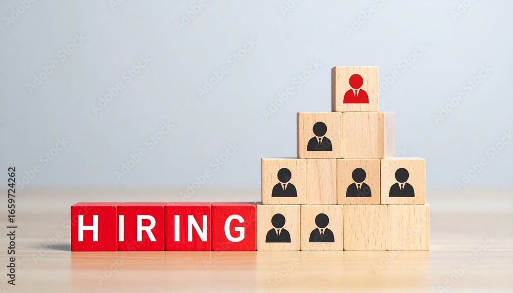 Aufkleber concept of hiring, with red hiring blocks alongside other blocks symbolizing staff and hierarchy. th