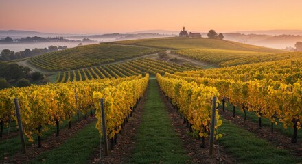 Fototapeta premium Autumn Vineyard Sunrise Landscape with Fog and Golden Vines