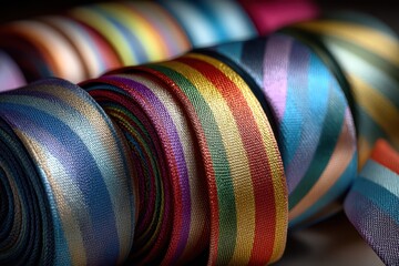Close up of colorful striped ties rolled together showing various textures and vibrant color palettes