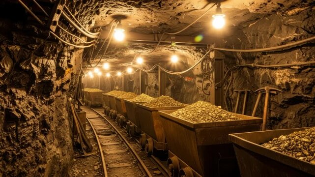 Journey through a captivating gold mine tunnel with ore carts illuminated by warm light