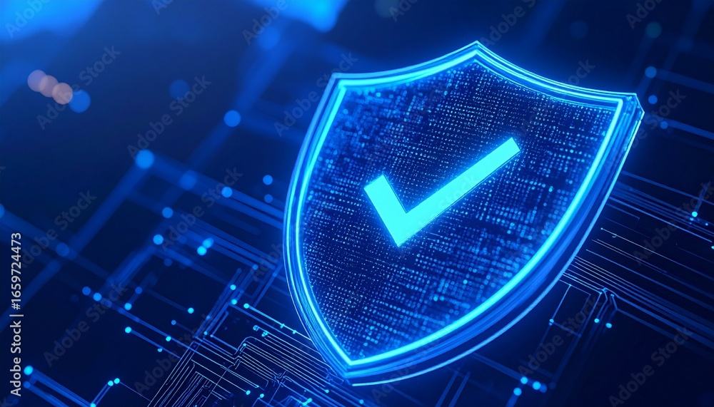 Aufkleber cybersecurity shield with a glowing checkmark, set against a background of digital circuits. this sy