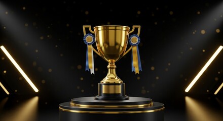 Majestic Gold Trophy on a Reflective Podium, Illuminated by Spotlights and Angled Light Bars.