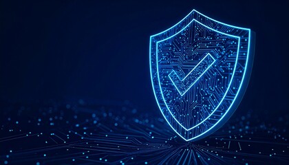 An illuminated shield, symbolizing security, with a checkmark inside, against a dark blue background. The image evokes feelings of protection and trust