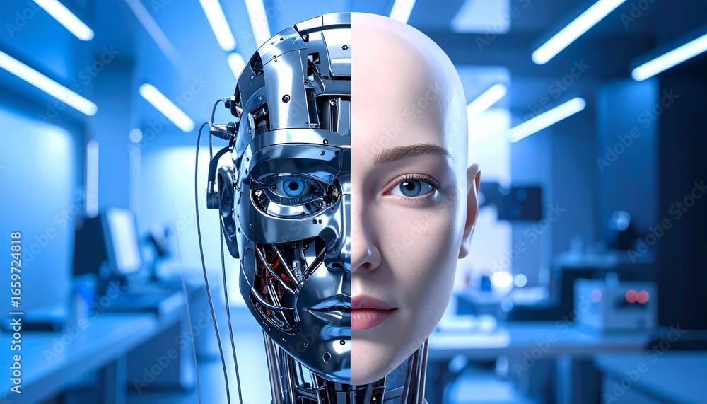 Poster the fusion of human and machine, a symbol of the future of artificial intelligence. this captivating